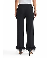 Ming Wang Soft Knit Mid-Rise Wide Leg Feather Trim Pants