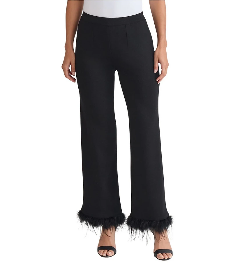 Ming Wang Soft Knit Mid-Rise Wide Leg Feather Trim Pants