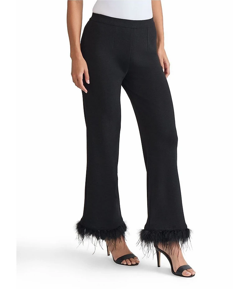 Ming Wang Soft Knit Mid-Rise Wide Leg Feather Trim Pants