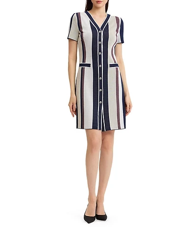Ming Wang Soft Knit Stripe V-Neck Short Sleeve Button Front Dress