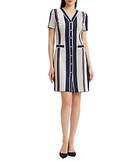 Ming Wang Soft Knit Stripe V-Neck Short Sleeve Button Front Dress