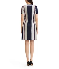 Ming Wang Soft Knit Stripe V-Neck Short Sleeve Button Front Dress