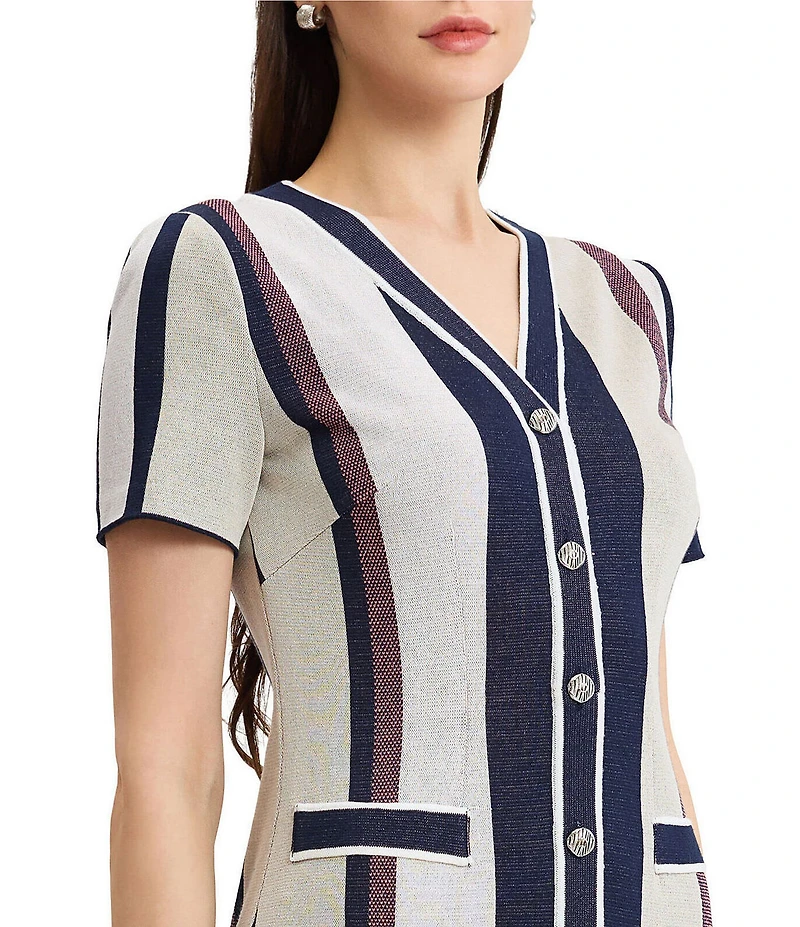 Ming Wang Soft Knit Stripe V-Neck Short Sleeve Button Front Dress