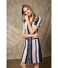Ming Wang Soft Knit Stripe V-Neck Short Sleeve Button Front Dress