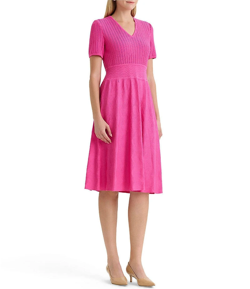 Ming Wang Soft Knit V-Neck Short Sleeve Fit-And-Flare Midi Dress