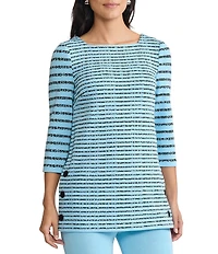 Ming Wang Soft Stripe Knit Square Neck 3/4 Sleeve Side Button Tunic