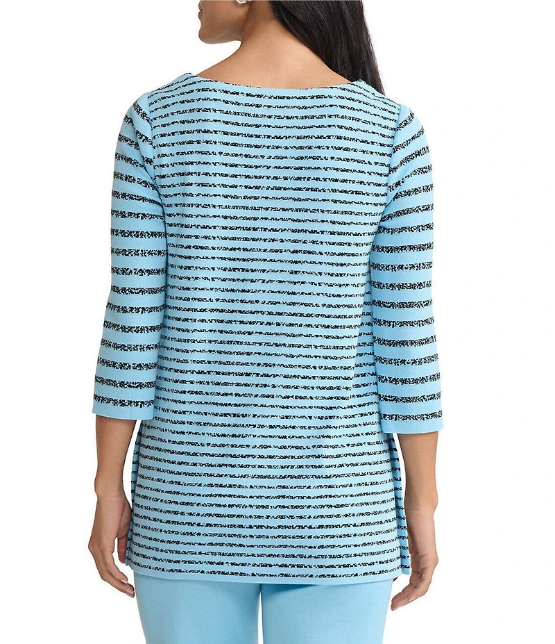 Ming Wang Soft Stripe Knit Square Neck 3/4 Sleeve Side Button Tunic