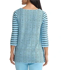 Ming Wang Soft Stripe Knit Square Neck 3/4 Sleeve Side Button Tunic