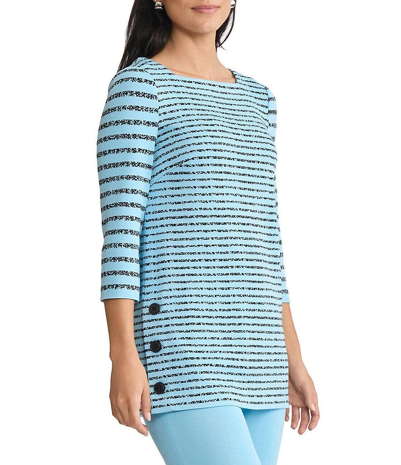 Ming Wang Soft Stripe Knit Square Neck 3/4 Sleeve Side Button Tunic