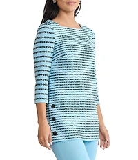 Ming Wang Soft Stripe Knit Square Neck 3/4 Sleeve Side Button Tunic