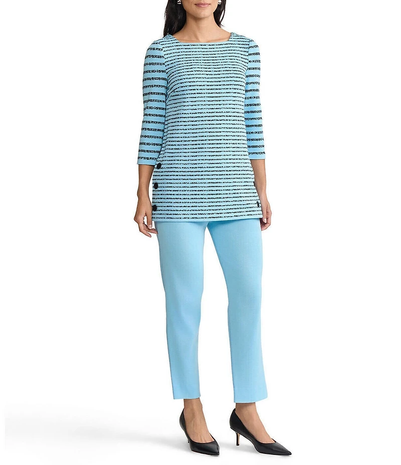 Ming Wang Soft Stripe Knit Square Neck 3/4 Sleeve Side Button Tunic