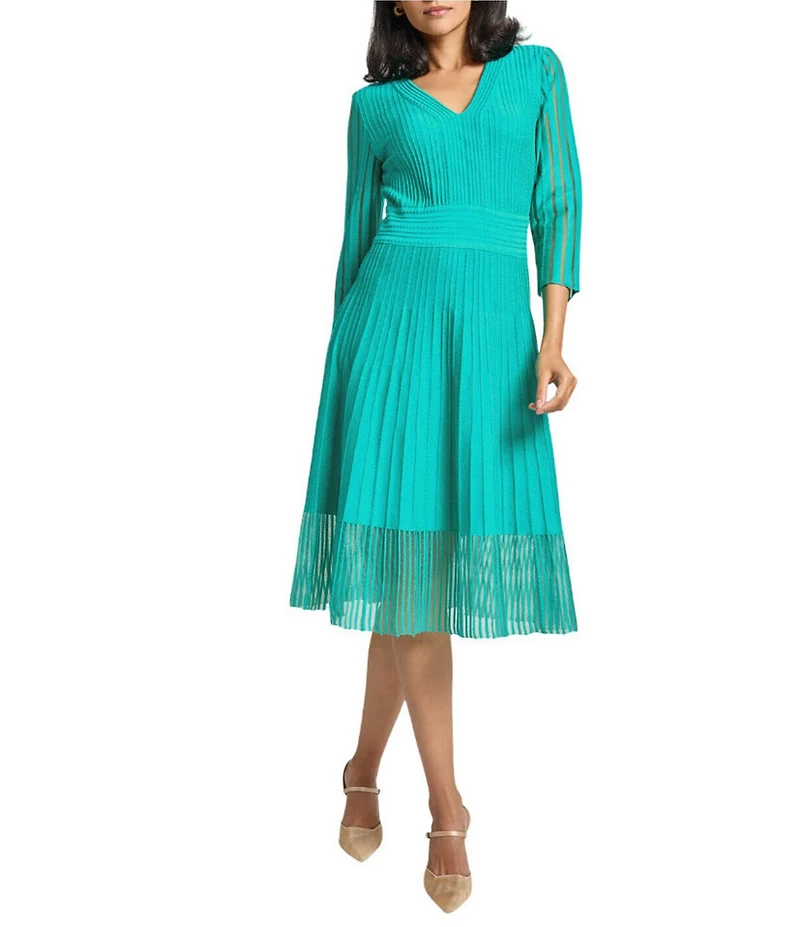 Ming Wang Soft Textured Knit V-Neck Bracelet Sleeve Midi Dress