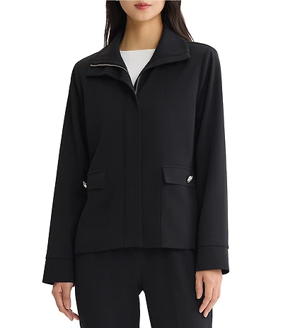Ming Wang Solid Stretch Deco Crepe Wing Collar Long Sleeve Zip-Front Jacket