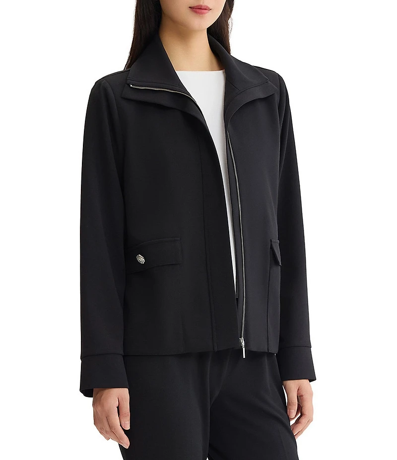 Ming Wang Solid Stretch Deco Crepe Wing Collar Long Sleeve Zip-Front Jacket
