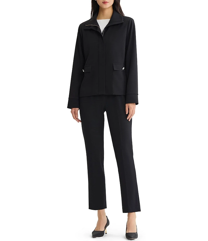 Ming Wang Solid Stretch Deco Crepe Wing Collar Long Sleeve Zip-Front Jacket