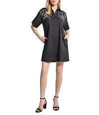 Ming Wang Stretch Cotton Floral Embroidered Point Collar V-Neck Short Sleeve Dress