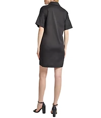 Ming Wang Stretch Cotton Floral Embroidered Point Collar V-Neck Short Sleeve Dress
