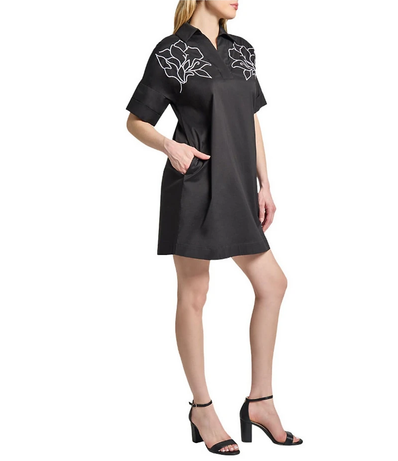 Ming Wang Stretch Cotton Floral Embroidered Point Collar V-Neck Short Sleeve Dress