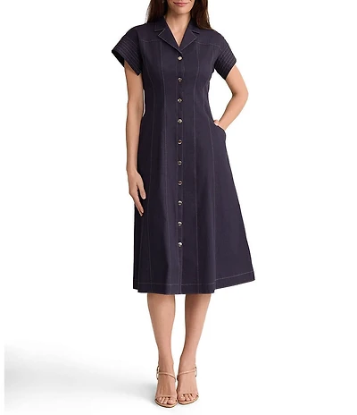 Ming Wang Stretch Cotton Notch Lapel Short Sleeve Contrast Stitching Snap-Front Shirt Dress