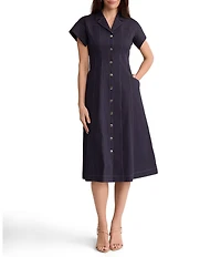 Ming Wang Stretch Cotton Notch Lapel Short Sleeve Contrast Stitching Snap-Front Shirt Dress