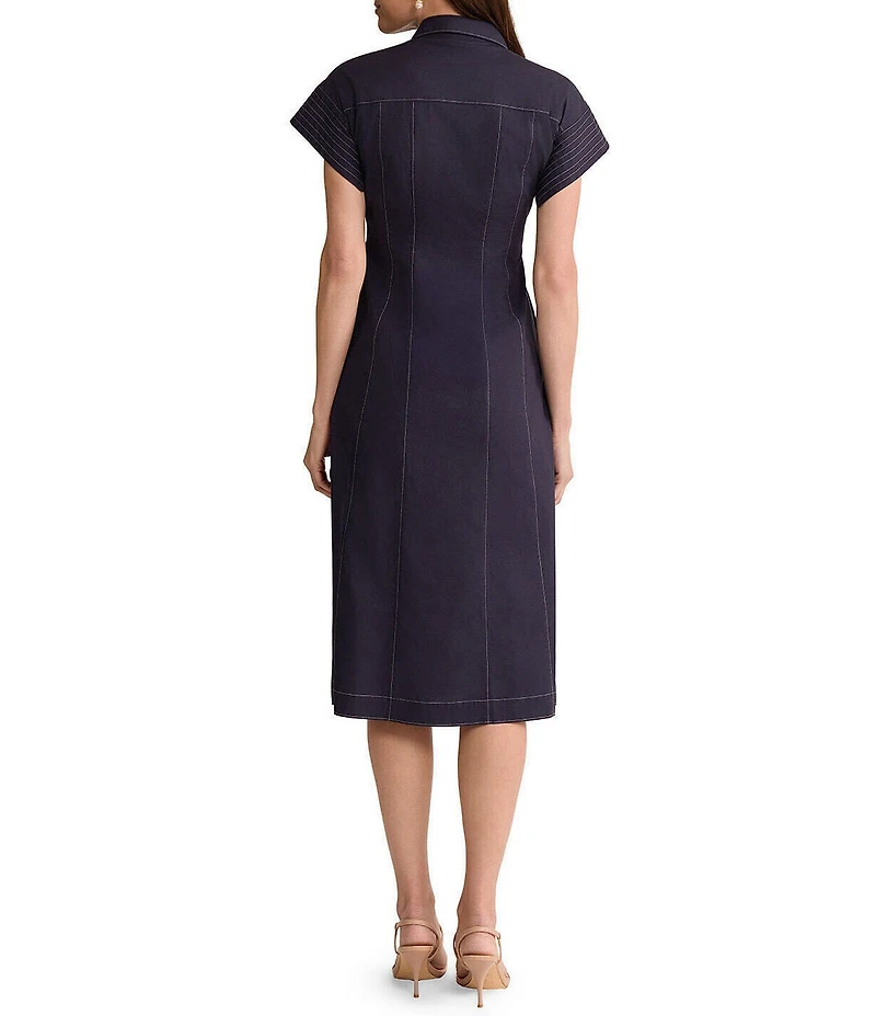 Ming Wang Stretch Cotton Notch Lapel Short Sleeve Contrast Stitching Snap-Front Shirt Dress