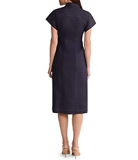 Ming Wang Stretch Cotton Notch Lapel Short Sleeve Contrast Stitching Snap-Front Shirt Dress