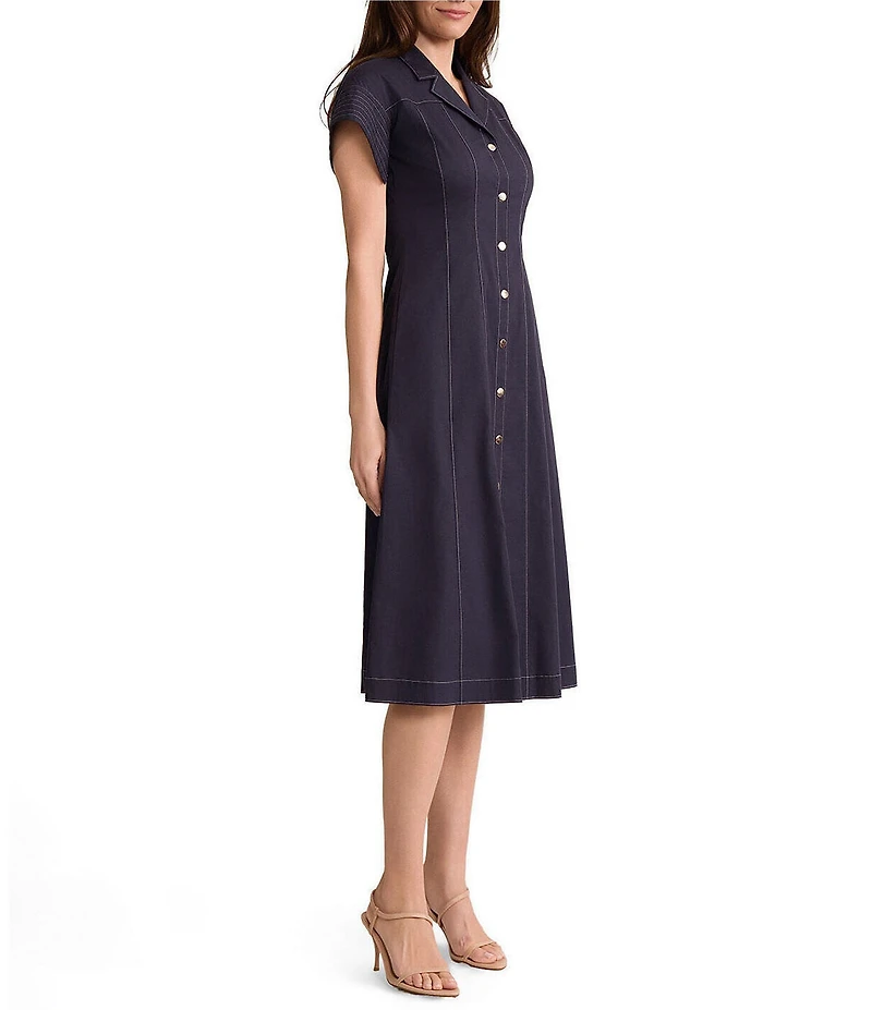 Ming Wang Stretch Cotton Notch Lapel Short Sleeve Contrast Stitching Snap-Front Shirt Dress