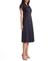 Ming Wang Stretch Cotton Notch Lapel Short Sleeve Contrast Stitching Snap-Front Shirt Dress