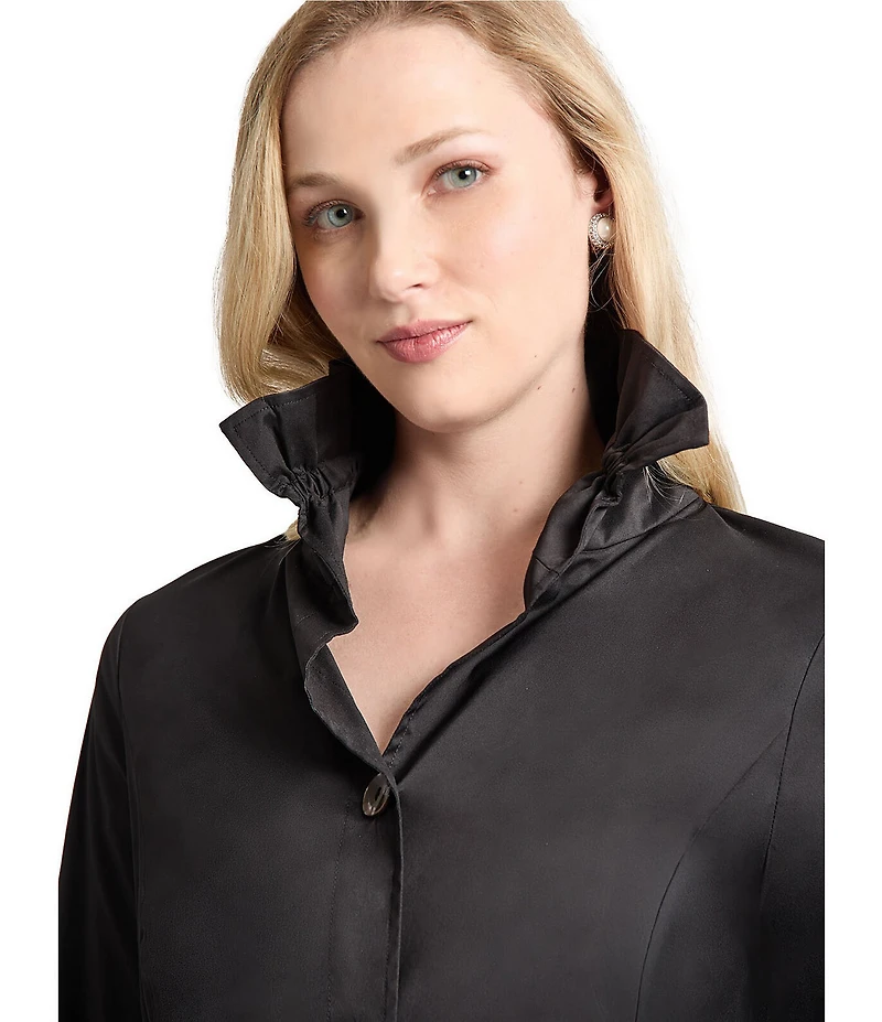 Ming Wang Stretch Cotton Poplin Ruffle Stand Collar Button Front Top