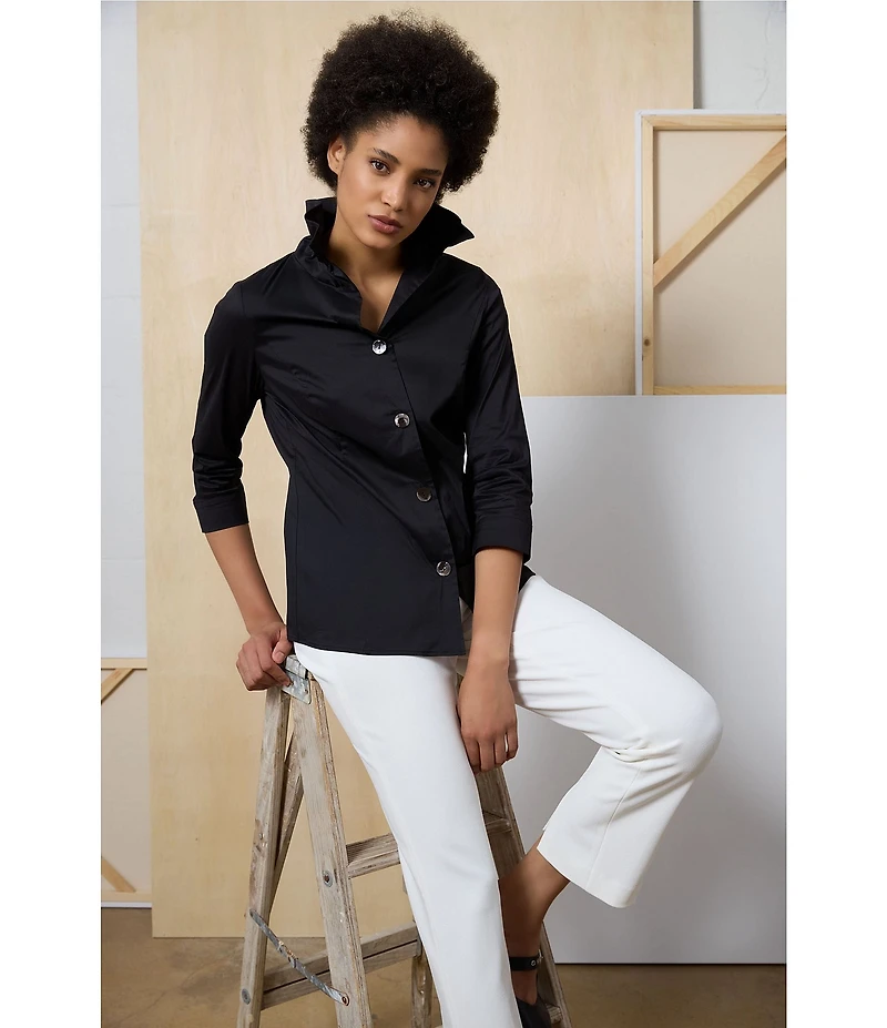 Ming Wang Stretch Cotton Poplin Ruffle Stand Collar Button Front Top