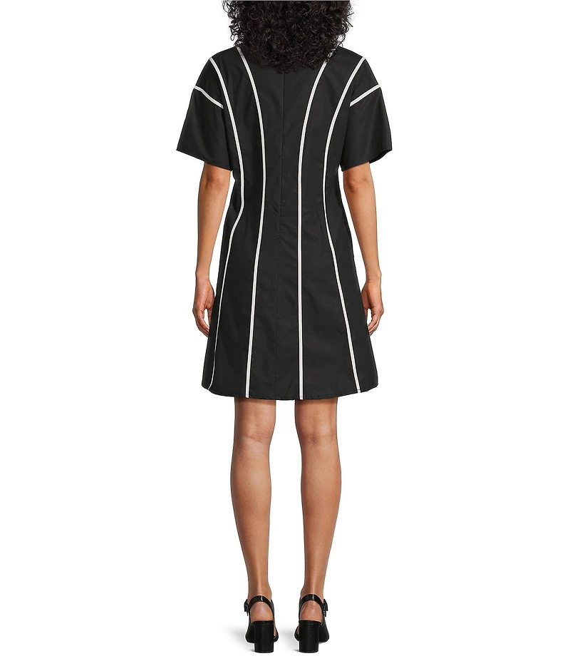 Ming Wang Stretch Cotton V-Neck Elbow Sleeve Fit-And-Flare Contrast Trim Dress