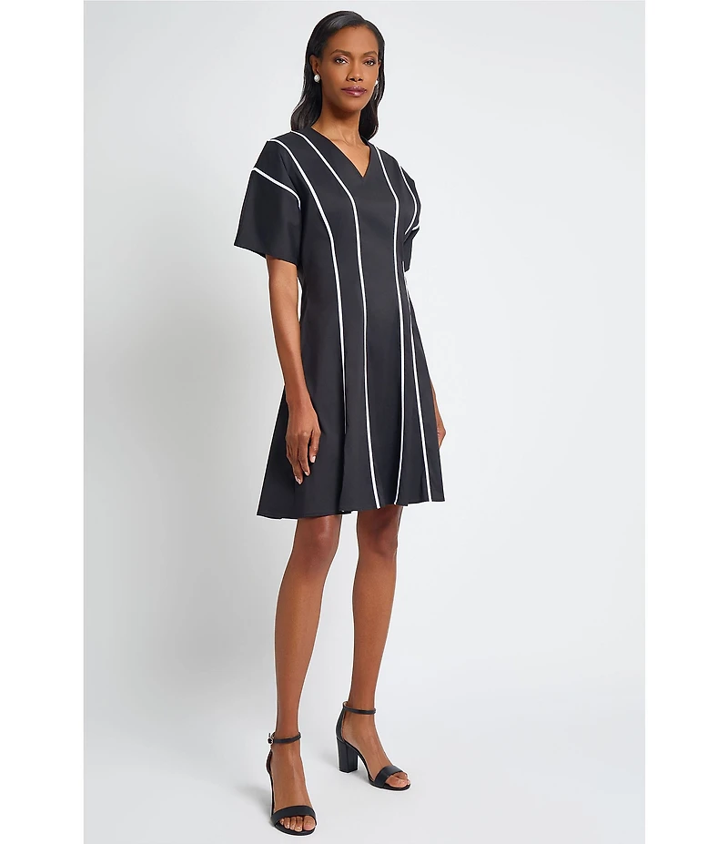 Ming Wang Stretch Cotton V-Neck Elbow Sleeve Fit-And-Flare Contrast Trim Dress