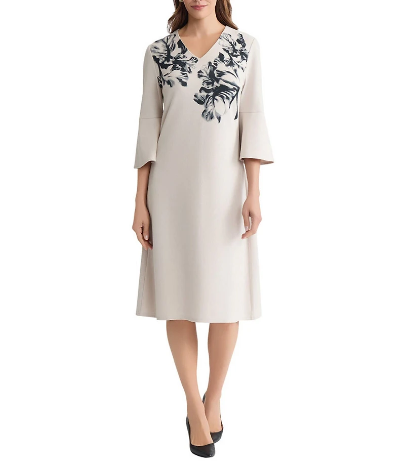 Ming Wang Stretch Crepe Floral Print V-Neck Elbow Tulip Sleeve A-Line Dress