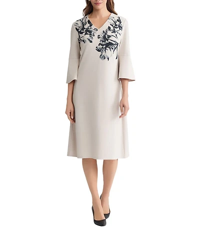 Ming Wang Stretch Crepe Floral Print V-Neck Elbow Tulip Sleeve A-Line Dress