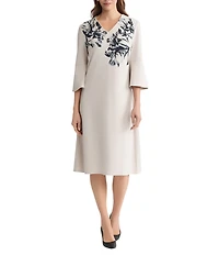 Ming Wang Stretch Crepe Floral Print V-Neck Elbow Tulip Sleeve A-Line Dress