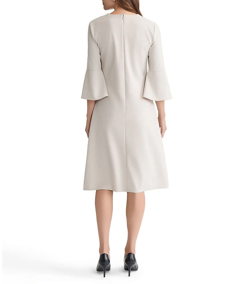 Ming Wang Stretch Crepe Floral Print V-Neck Elbow Tulip Sleeve A-Line Dress