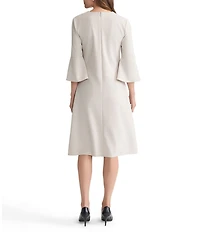 Ming Wang Stretch Crepe Floral Print V-Neck Elbow Tulip Sleeve A-Line Dress