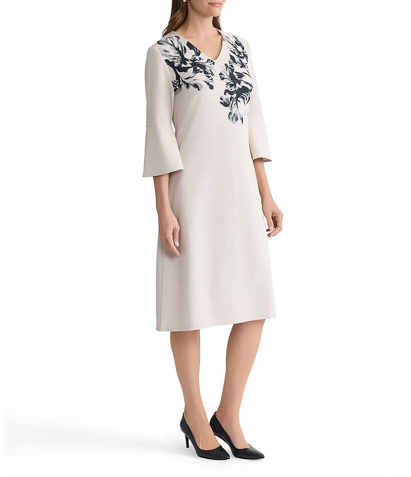 Ming Wang Stretch Crepe Floral Print V-Neck Elbow Tulip Sleeve A-Line Dress