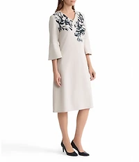 Ming Wang Stretch Crepe Floral Print V-Neck Elbow Tulip Sleeve A-Line Dress
