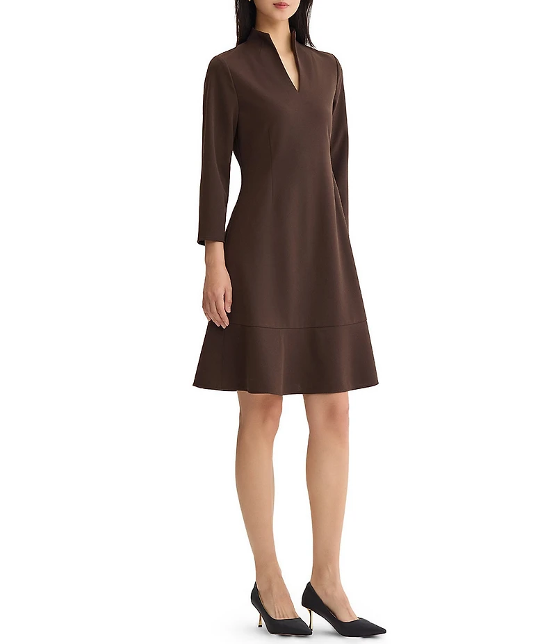Ming Wang Stretch Deco Crepe Split V-Neck Bracelet Sleeve A-Line Dress