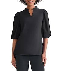 Ming Wang Stretch Crepe Split V-Neck Elbow Puff Sleeve Blouse