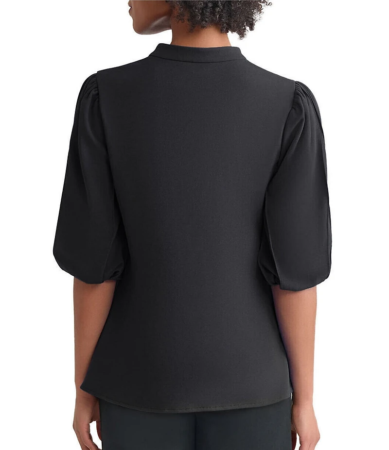 Ming Wang Stretch Crepe Split V-Neck Elbow Puff Sleeve Blouse
