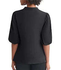 Ming Wang Stretch Crepe Split V-Neck Elbow Puff Sleeve Blouse