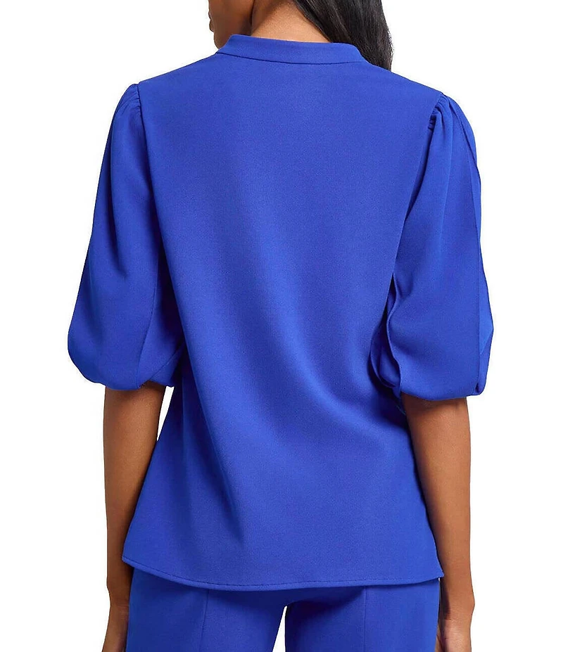 Ming Wang Stretch Crepe Split V-Neck Elbow Puff Sleeve Blouse