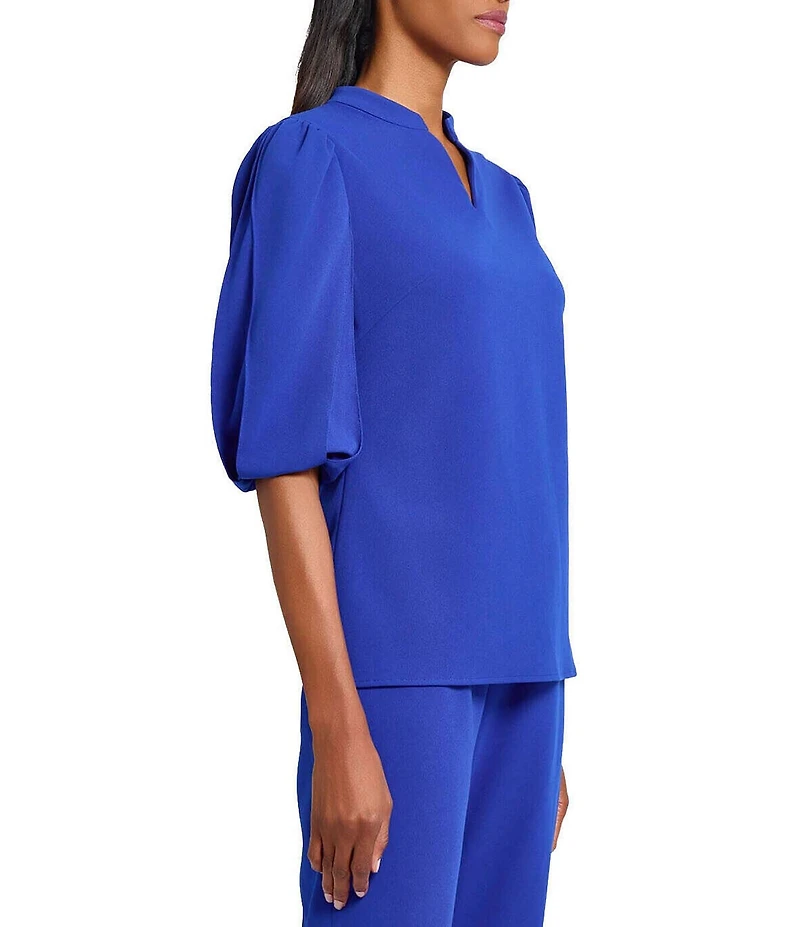 Ming Wang Stretch Crepe Split V-Neck Elbow Puff Sleeve Blouse