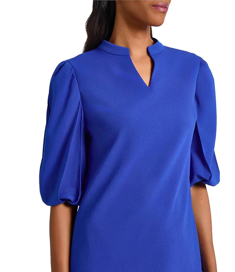 Ming Wang Stretch Crepe Split V-Neck Elbow Puff Sleeve Blouse