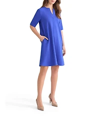 Ming Wang Stretch Crepe Split V-Neck Short Sleeve A-Line Dress