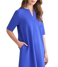 Ming Wang Stretch Crepe Split V-Neck Short Sleeve A-Line Dress