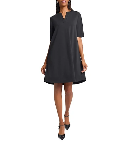 Ming Wang Stretch Crepe Split V-Neck Short Sleeve A-Line Dress
