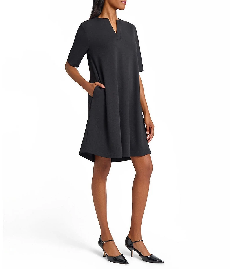 Ming Wang Stretch Crepe Split V-Neck Short Sleeve A-Line Dress